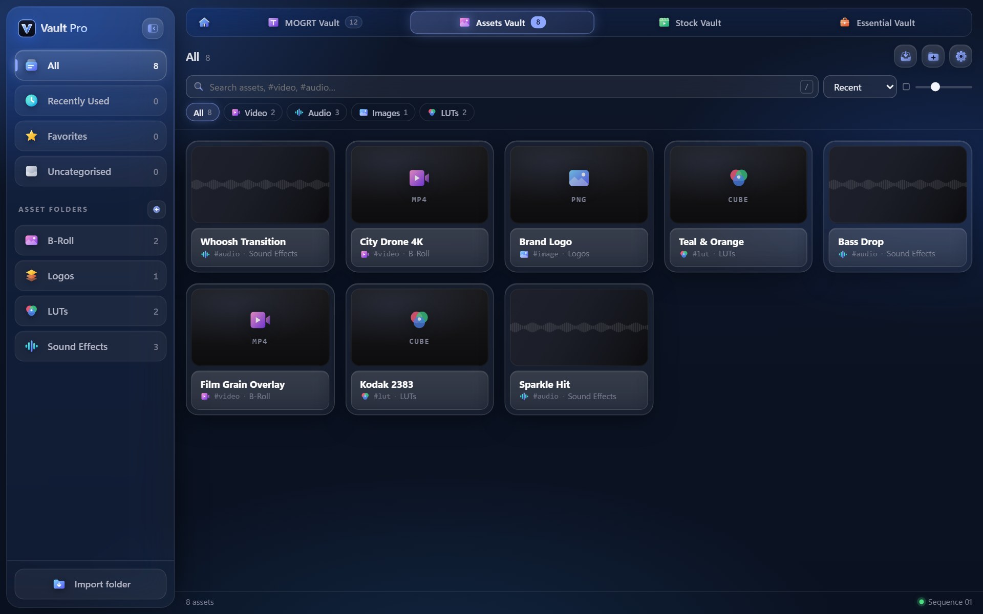 Assets Vault: sound effects, B-roll, logos and LUTs