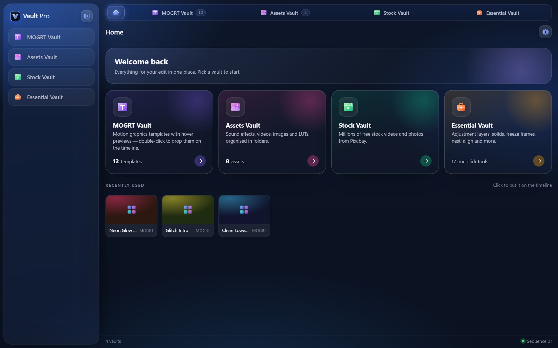 Vault Pro home screen with cards for the five vaults